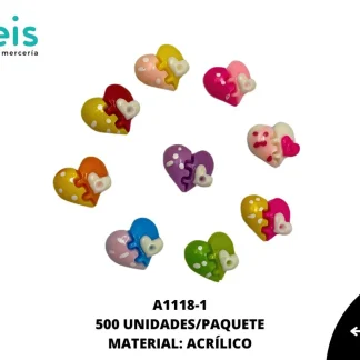 ACCESORIOS ACRILICO CORAZON A1118-1 12mmX11mm 500 PZ/PQT MULTICOLOR