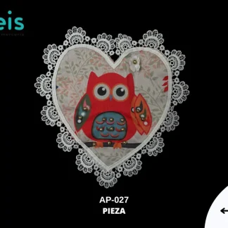 PARCHES RELIEVE Y ESTAMPADO BUHO CORAZON CON ENCAJE Y PERLA DORADA AP-027 22cmX23cm