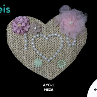 PARCHES RELIEVE Y ESTAMPADO YUTE CORAZON PERLA Y FLORES AYC-1 20cmX16cm