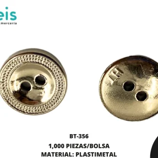 BOTON PLASTICO 2 HUECOS BT-356 20L (12.5mm) 1,000 PZ/PQT DORADO