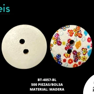 BOTON MADERA ESTAMPADO MARIPOSA BT-4057-BL 32L (20mm) 500 PZ/PQT BLANCO