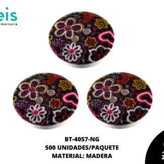 BOTON MADERA ESTAMPADO FLOR BT-4057-NG 40L (25mm) 500 PZ/PQT NEGRO