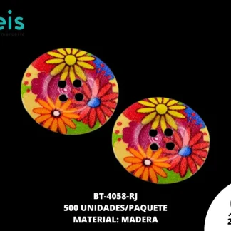 BOTON MADERA ESTAMPADO FLOR BT-4058-RJ 40L (25mm) 500 PZ/PQT ROJO