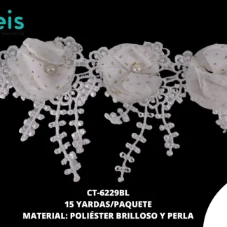 GUIPIUR POLIESTER BRILLOSO DECORADO CT-6229BL BLANCO 8 CM 15 YARDAS/PAQUETE