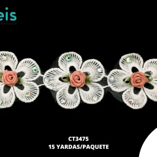 GUIPIUR BORDADO DECORADO CT3475 BLANCO 5 CM 15 YARDAS/PAQUETE