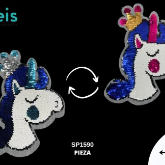PARCHES LENTEJUELA REVERSIBLE UNICORNIO CON CORONA CW-6 20cmX24cm AZUL/ROSA