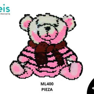 PARCHES LENTEJUELA OSO CON BUFANDA ML400 20cmX20cm ROSA