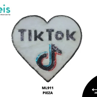 PARCHES BORDADOS Y ESTAMBRE TEDDY CORAZON TIKTOK CON LENTEJUELA ML911 20.5cmX19.7cm BLANCO