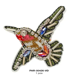 PARCHES BORDADOS Y ESTAMBRE PAJARO ALAS EXTENDIDAS CON PEDRERIA PAR-00426-VD 5cmX6cm 50 PZ/PQT VERDE