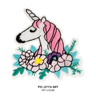 PARCHES BORDADOS Y ESTAMBRE UNICORNIO PERFIL FLORES PC-2774-MT 7cmX6.7cm 50 PZ/PQT MULTICOLOR