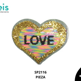 PARCHES LENTEJUELA CORAZON LOVE ORILLA DORADA SP2116 19cmX17cm MULTICOLOR