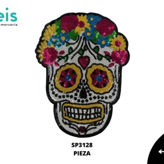 PARCHES LENTEJUELA CALAVERA CON FLORES SP3128 BLANCO