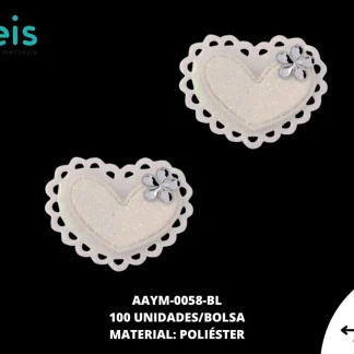 ACCESORIOS AYM CORAZON ESCARCHADA PIEDRA AAYM-0058-BL 4.6cmX3.2cm 100 PZ/PQT BLANCO