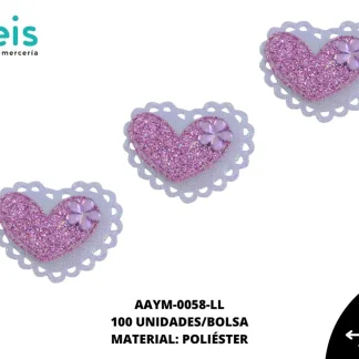 ACCESORIOS INFANTILES CORAZON ESCARCHADA PIEDRA AAYM-0058-LL 4.6cmX3.2cm 100 PZ/PQT LILA