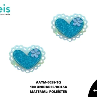 ACCESORIOS INFANTILES CORAZON ESCARCHADA PIEDRA AAYM-0058-TQ 4.6cmX3.2cm 100 PZ/PQT TURQUESA