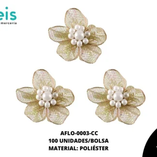 ACCESORIOS FLORES TUL CON PERLA AFLO-0003-CC 65mmX55mm 100 PZ/PQT CAFÉ CLARO