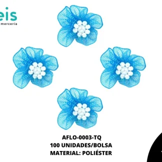 ACCESORIOS FLORES TUL CON PERLA AFLO-0003-TQ 65mmX55mm 100 PZ/PQT TURQUESA