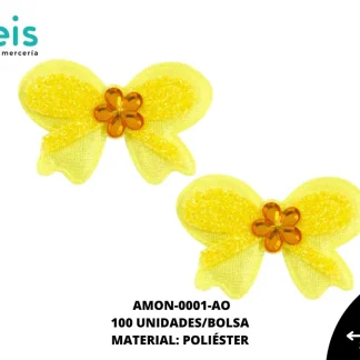 ACCESORIOS MOÑOS CORAZON CON PIEDRA AMON-0001-AO 3.8cmX2.6cm 100 PZ/PQT AMARILLO