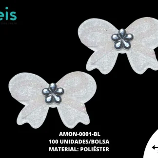 ACCESORIOS MOÑOS CORAZON CON PIEDRA AMON-0001-BL 3.8cmX2.6cm 100 PZ/PQT BLANCO