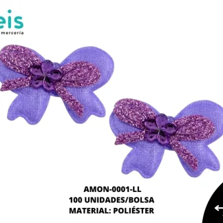 ACCESORIOS MOÑOS CORAZON CON PIEDRA AMON-0001-LL 3.8cmX2.6cm 100 PZ/PQT LILA