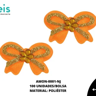 ACCESORIOS MOÑOS CORAZON CON PIEDRA AMON-0001-NJ 3.8cmX2.6cm 100 PZ/PQT NARANJA