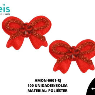 ACCESORIOS MOÑOS CORAZON CON PIEDRA AMON-0001-RJ 3.8cmX2.6cm 100 PZ/PQT ROJO