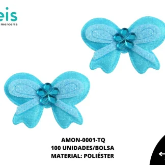 ACCESORIOS MOÑOS CORAZON CON PIEDRA AMON-0001-TQ 3.8cmX2.6cm 100 PZ/PQT TURQUESA
