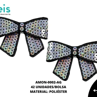 ACCESORIOS MOÑOS LENTEJUELA AMON-0002-AG 7.6cmX5cm 42 PZ/PQT PLATA OLEOGRAFICO