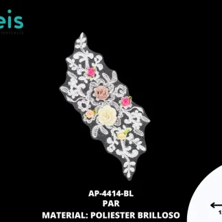 APLICACIONES EN PAR DECORADOS POLIESTER BRILLOSO FLORAL AP-4414-BL 28cm BLANCO