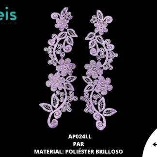 APLICACIONES EN PAR COLOR POLIESTER BRILLLOSO FLORAL AP024LL 7cmX27cm LILA