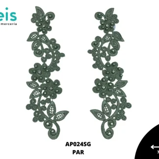 APLICACIONES EN PAR COLOR POLIESTER BRILLLOSO FLORAL AP024SG 7cmX27cm SAGE