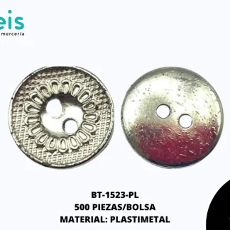 BOTON PLASTICO 2 HUECOS BT-1523-PL 20L (12.5mm) 500 PZ/PQT PLATA