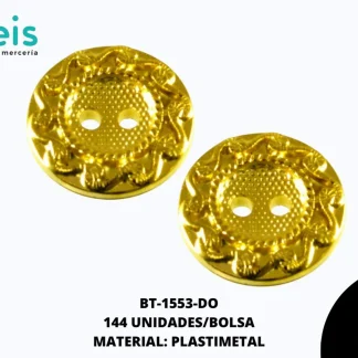 BOTON PLASTICO 2 HUECOS FLOR BT-1553-DO 24L (15mm) 144 PZ/PQT DORADO