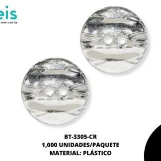 BOTON PLASTICO ESPEJO 2HUECOS BT-3305-CR 24L (15mm) 1,000 PZ/PQT CRISTAL