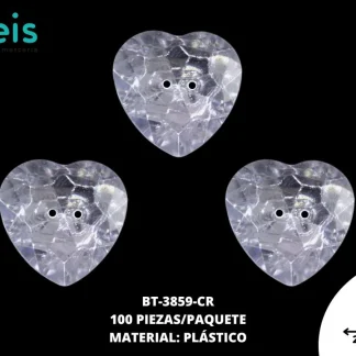 BOTON PLASTICO CORAZON BT-3859-CR 2.7cmX2.8cm 100 PZ/PQT CRISTAL