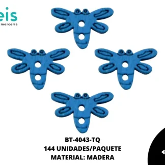 BOTON MADERA INFANTIL. LIBELULA 11mm REF: 4 TURQUESA 144 u/pqt