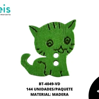 BOTON MADERA INFANTIL. GATO 16mm REF: 7 VERDE 144 u/pqt