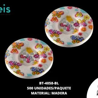 BOTON MADERA ESTAMPADO LLANTA 4H 40L(25mm) BLANCO 500 u/pqt