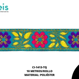 GALON HINDU FLORES 33MM REF: B13B13 TURQUESA 10 METROS/ROLLO