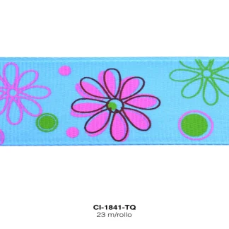 CINTA FAYA POPOTILLO INF FLORES 2.5cm REF: #6 TURQUESA 23 M/ROLLO
