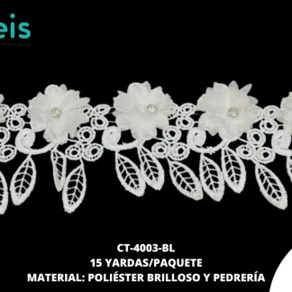 GUIPIUR POLIESTER BRILLOSO DECORADO CT-4003-BL BLANCO 9 CM 15 YARDAS/PAQUETE