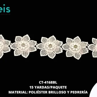 GUIPIUR POLIESTER BRILLOSO DECORADO CT-4168BL BLANCO 5 CM 15 YARDAS/PAQUETE