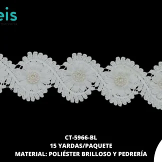 GUIPIUR POLIESTER BRILLOSO DECORADO CT-5966-BL BLANCO 6.5 CM 15 YARDAS/PAQUETE