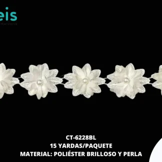 GUIPIUR POLIESTER BRILLOSO DECORADO CT-6228BL BLANCO 4.5 CM 15 YARDAS/PAQUETE
