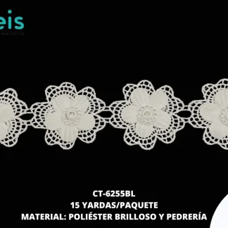 GUIPIUR POLIESTER BRILLOSO DECORADO CT-6255BL BLANCO 5 CM 15 YARDAS/PAQUETE