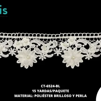 GUIPIUR POLIESTER BRILLOSO DECORADO CT-6524-BL BLANCO 8.5 CM 15 YARDAS/PAQUETE