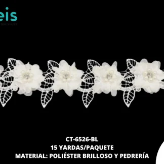 GUIPIUR POLIESTER BRILLOSO DECORADO CT-6526-BL BLANCO 6.5 CM 15 YARDAS/PAQUETE