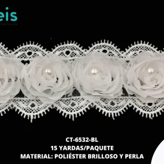 GUIPIUR POLIESTER BRILLOSO DECORADO CT-6532-BL BLANCO 4.5 CM 15 YARDAS/PAQUETE