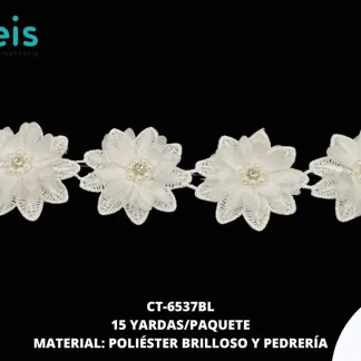 GUIPIUR POLIESTER BRILLOSO DECORADO CT-6537BL BLANCO 4 CM 15 YARDAS/PAQUETE