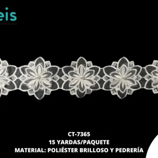 GUIPIUR POLIESTER BRILLOSO DECORADO CT-7365 BLANCO 6 CM 15 YARDAS/PAQUETE